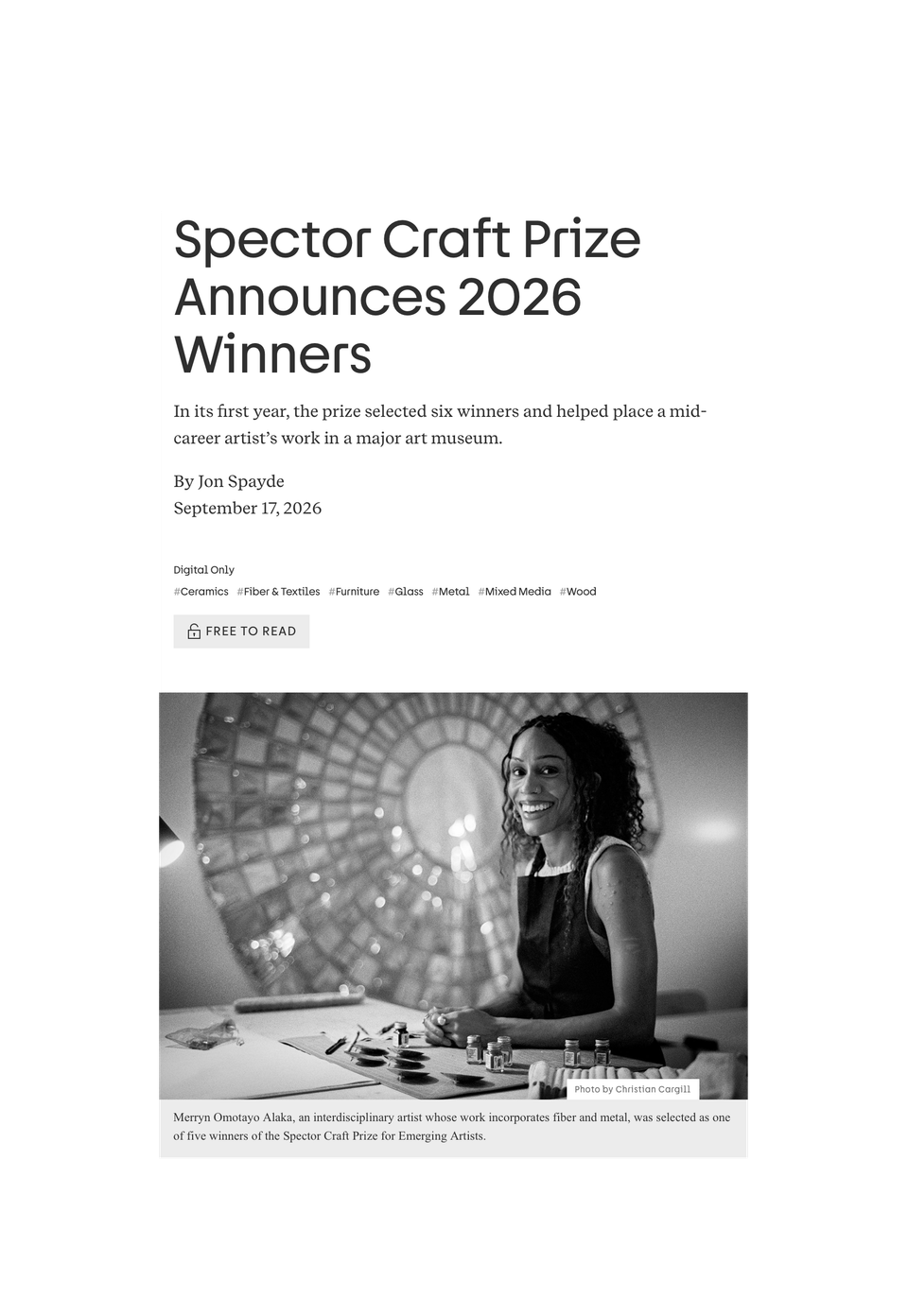 Spector Craft Prize Announces 2026 Winners