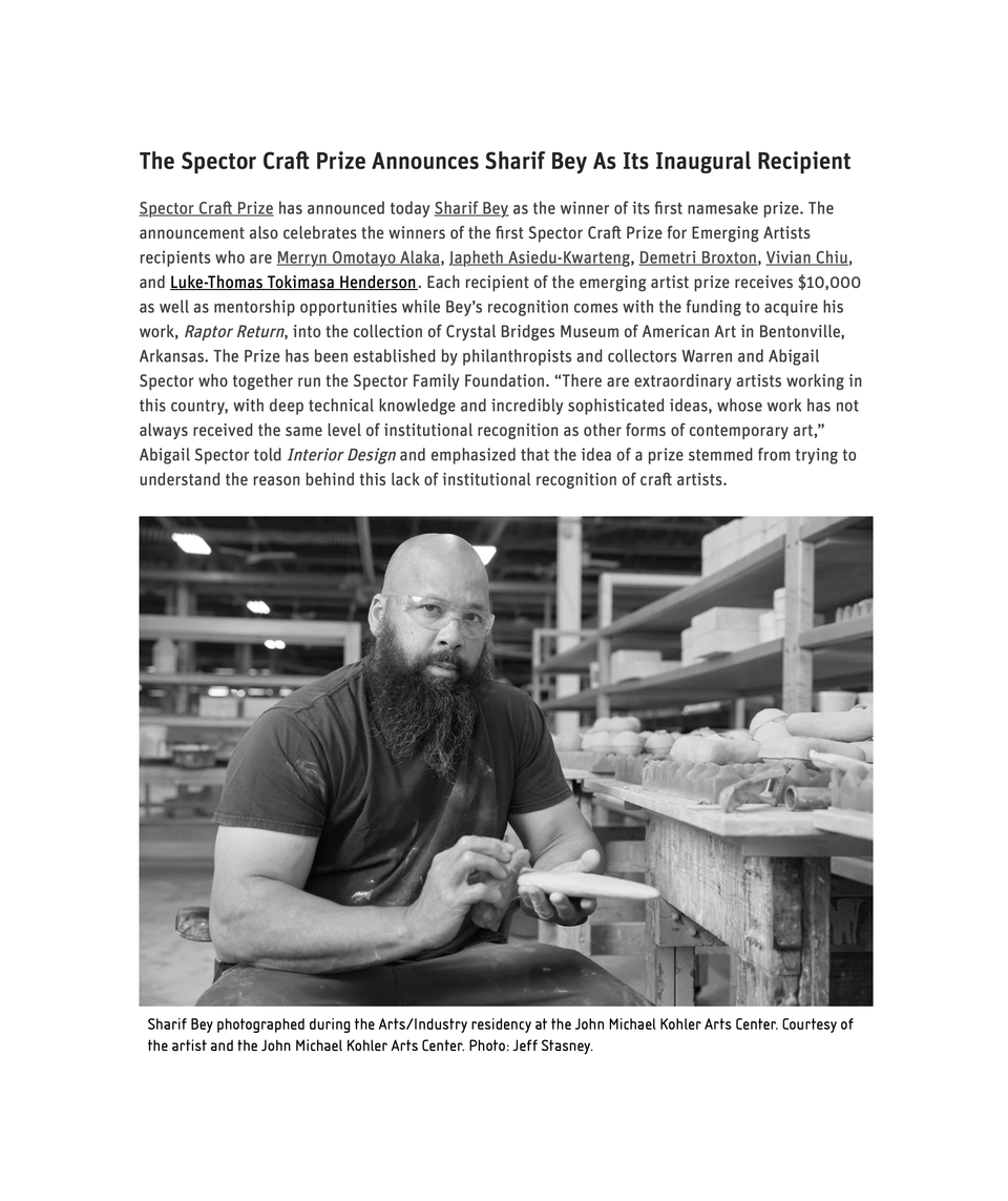 The Spector Craft Prize Announces Sharif Bey As Its Inaugural Recipient